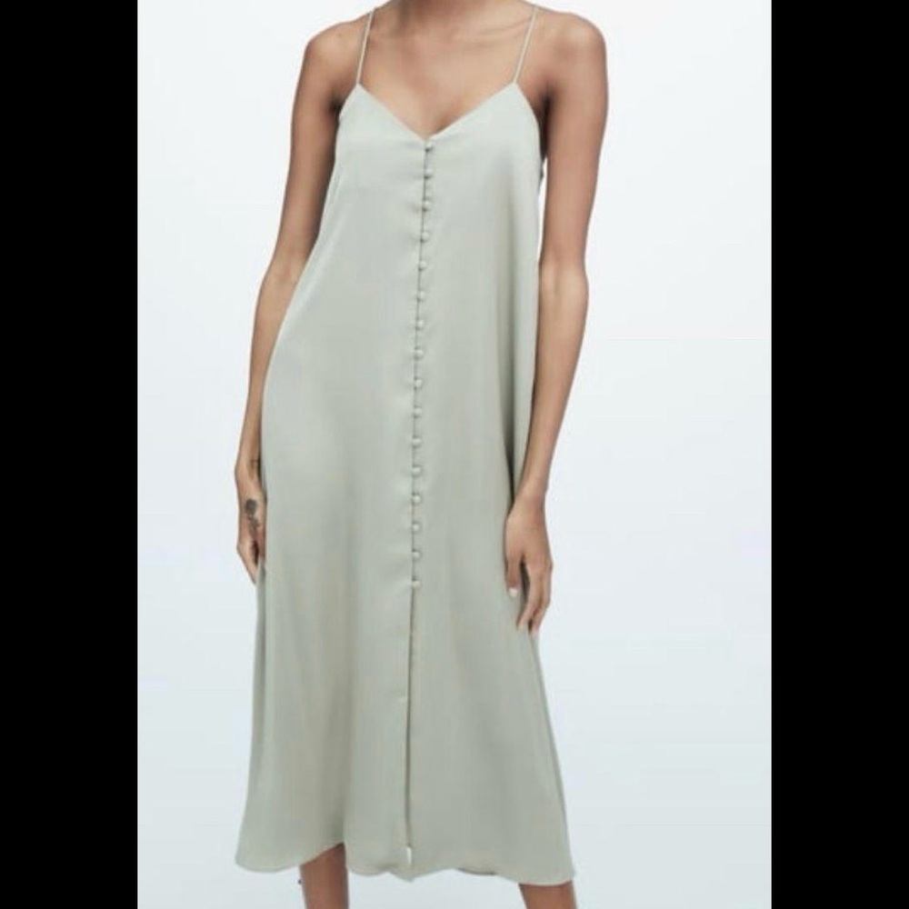 ZARA Sage Green Camisole Maxi Button Front slip dress